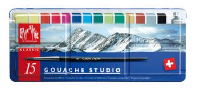 CARAN D'ACHE Gouache Studio Tabletten in Metallschachtel, 14 Näpfchen und 1 Tube Deckweiss