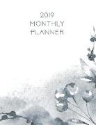 2019 Monthly Planner: Gray Watercolor Flowers 12 Month January 2019 to December 2019 Slimline Calendar