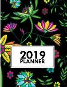 2019 Planner: 8.5x11 Black Floral Weekly Planner Yearly Agenda (1 January - 31 December 2019 )
