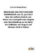 BESCHLUSS (EU) 2017/1003 DER KOMMISSION vom 13. Juni 2017 über die zollfreie Einfuhr von Waren zur unentgeltlichen Abgabe oder Bereitstellung an die Opfer der Erdbeben von August und Oktober2016 in Italien
