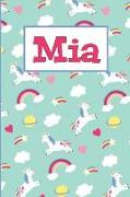 MIA: Personalized Named Unicorn Journal Notebook Pretty Magical Rainbows & Hearts Cover for Women and Girls Lined Pages