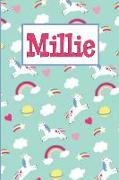 Millie: Personalized Named Unicorn Journal Notebook Pretty Magical Rainbows & Hearts Cover for Women and Girls Lined Pages