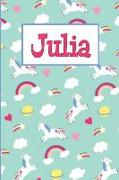 Julia: Personalized Named Unicorn Journal Notebook Pretty Magical Rainbows & Hearts Cover for Women and Girls Lined Pages