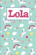 Lola: Personalized Named Unicorn Journal Notebook Pretty Magical Rainbows & Hearts Cover for Women and Girls Lined Pages