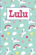 Lulu: Personalized Named Unicorn Journal Notebook Pretty Magical Rainbows & Hearts Cover for Women and Girls Lined Pages