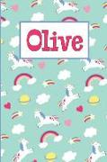 Olive: Personalized Named Unicorn Journal Notebook Pretty Magical Rainbows & Hearts Cover for Women and Girls Lined Pages