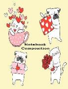 Notebook Composition: Paper Composition College Ruled Notebooks 120 Pages Large Print Journals Wonderful Draw Cat and Pug Dog Heart Valentin