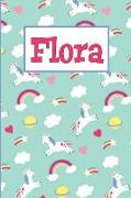 Flora: Personalized Named Unicorn Journal Notebook Pretty Magical Rainbows & Hearts Cover for Women and Girls Lined Pages