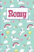 Romy: Personalized Named Unicorn Journal Notebook Pretty Magical Rainbows & Hearts Cover for Women and Girls Lined Pages