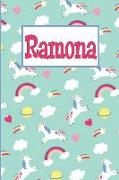 Ramona: Personalized Named Unicorn Journal Notebook Pretty Magical Rainbows & Hearts Cover for Women and Girls Lined Pages