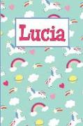 Lucia: Personalized Named Unicorn Journal Notebook Pretty Magical Rainbows & Hearts Cover for Women and Girls Lined Pages