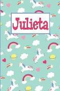 Julieta: Personalized Named Unicorn Journal Notebook Pretty Magical Rainbows & Hearts Cover for Women and Girls Lined Pages