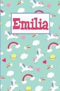 Emilia: Personalized Named Unicorn Journal Notebook Pretty Magical Rainbows & Hearts Cover for Women and Girls Lined Pages