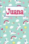 Juana: Personalized Named Unicorn Journal Notebook Pretty Magical Rainbows & Hearts Cover for Women and Girls Lined Pages