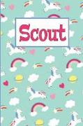 Scout: Personalized Named Unicorn Journal Notebook Pretty Magical Rainbows & Hearts Cover for Women and Girls Lined Pages