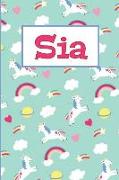 Sia: Personalized Named Unicorn Journal Notebook Pretty Magical Rainbows & Hearts Cover for Women and Girls Lined Pages