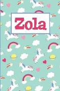 Zola: Personalized Named Unicorn Journal Notebook Pretty Magical Rainbows & Hearts Cover for Women and Girls Lined Pages