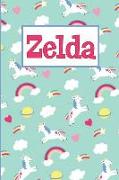 Zelda: Personalized Named Unicorn Journal Notebook Pretty Magical Rainbows & Hearts Cover for Women and Girls Lined Pages