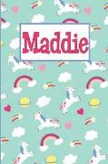 Maddie: Personalized Named Unicorn Journal Notebook Pretty Magical Rainbows & Hearts Cover for Women and Girls Lined Pages