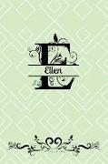 Split Letter Personalized Name Journal - Ellen: Elegant Flourish Capital Letter on Pale Green Geometric Design Background