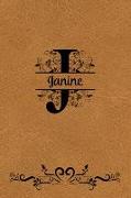 Split Letter Personalized Name Journal - Janine: Elegant Flourish Capital Letter on LT Brown Leather Look Background