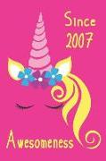Awesomeness Since 2007: Blonde Hair Unicorn Themed Journal for Girls Who Were Born in the Year 2007, Compact Handy Size Notebook with 1/2 Blan