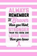 Always Remember You Are Braver Than You Think: Breast Cancer Journal: 6x9 Inch, 120 Pages, Blank Lined Notebook for Women to Write in