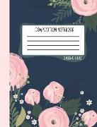 Composition Notebook: College Ruled: 100+ Lined Pages Writing Journal: Pink Florals on Navy Blue 0946