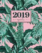 Agenda 2019: 19x23cm: Agenda 2019 settimanale italiano: foglie tropicali rosa e verdi 5036