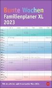 Bunte Wochen Familienplaner XL 2023. Familienkalender mit 6 Spalten. Praktischer Familien-Wandkalender mit Schulferien. Extra breiter Terminkalender