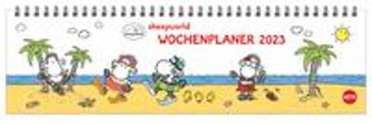 sheepworld Wochenquerplaner 2023. Praktischer Tischquerkalender mit Spiralbindung und niedlichen Schaf-Cartoons. Liebevoll illustrierter Tisch-Kalender