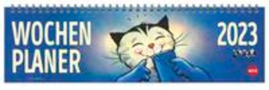 Jacob Wochenquerplaner 2023. Praktischer Tischquerkalender mit Spiralbindung und Katzen-Cartoons. Liebevoll illustrierter Tisch-Kalender für Katzenliebhaber