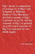 Fig.7 shows a comparison of settings by Zollner and Schubert in Wilhelm Muller's "Das Wandern," the first measure of Fig.7 is printed on p.139, the last measure of Fig.7 is printed on p.202 (each measure of Fig.7 is separated by two blank pages)