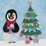 Postkarte. Pinguin und Tannenbaum