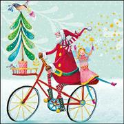 Doppelkarte. Mini - Nikolaus und Engel auf Fahrrad