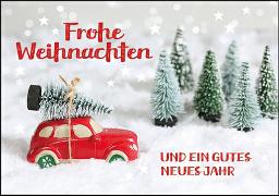 Doppelkarte. Frohe Weihnachten (Auto mit Tannenbaum)