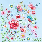Postkarte. Happy Birthday (Blumen und Schmetterling