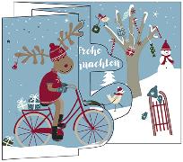 Doppelkarte. Frohe Weihnachten (Hirsch auf Fahrrad)