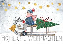 Doppelkarte. Fröhliche Weihnachten (Kind m. Schlitten)