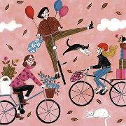 Postkarte. Frauen mit Fahrrad