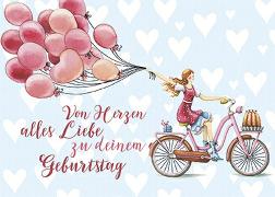 Postkarte. Zum Geburtstag (Frau mit Fahrrad)