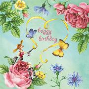 Postkarte. Happy birthdayFrau mit Blüten und Herz