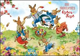 Doppelkarte. Fröhliches Osterfest (Tanzende Hasen)