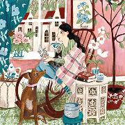 Postkarte. Lesende Frau mit Hund