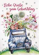 Postkarte. Zum Geburtstag (2 CV mit Blumen)