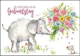 Doppelkarte. Zum Geburtstag (Elefant mit Blumen), Ca