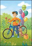 Doppelkarte. Junge mit Fahrrad, Naturpapier