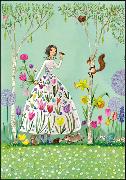 Doppelkarte. Frau mit Frühlingsblüten