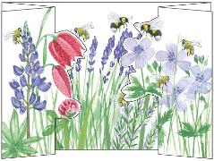 Doppelkarte. Sommerblumen, Bienen und Hummeln