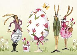 Postkarte. Drei Hasen und ein Ei